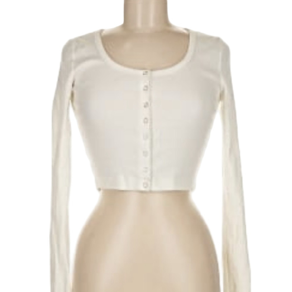 White Ribbed Long Sleeve Snap Crop Top Shirt M